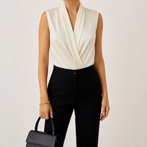 Caché | NWT Silk Draped Halter Neck Crossover Ivory Bodysuit Sz L Old Money Chic